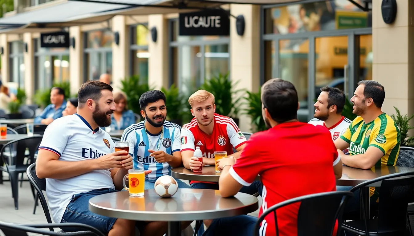 A bustling city scene on match day, with local businesses thriving as fans gather to support their teams