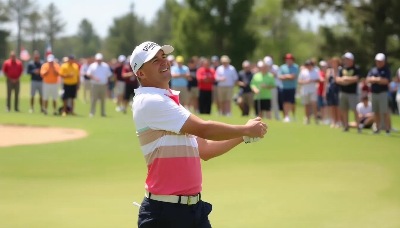 Keegan Bradley celebrates after hitting a recordbreaking 384yard drive during the inaugural TGL event, surrounded by excited fans and fellow competitors.