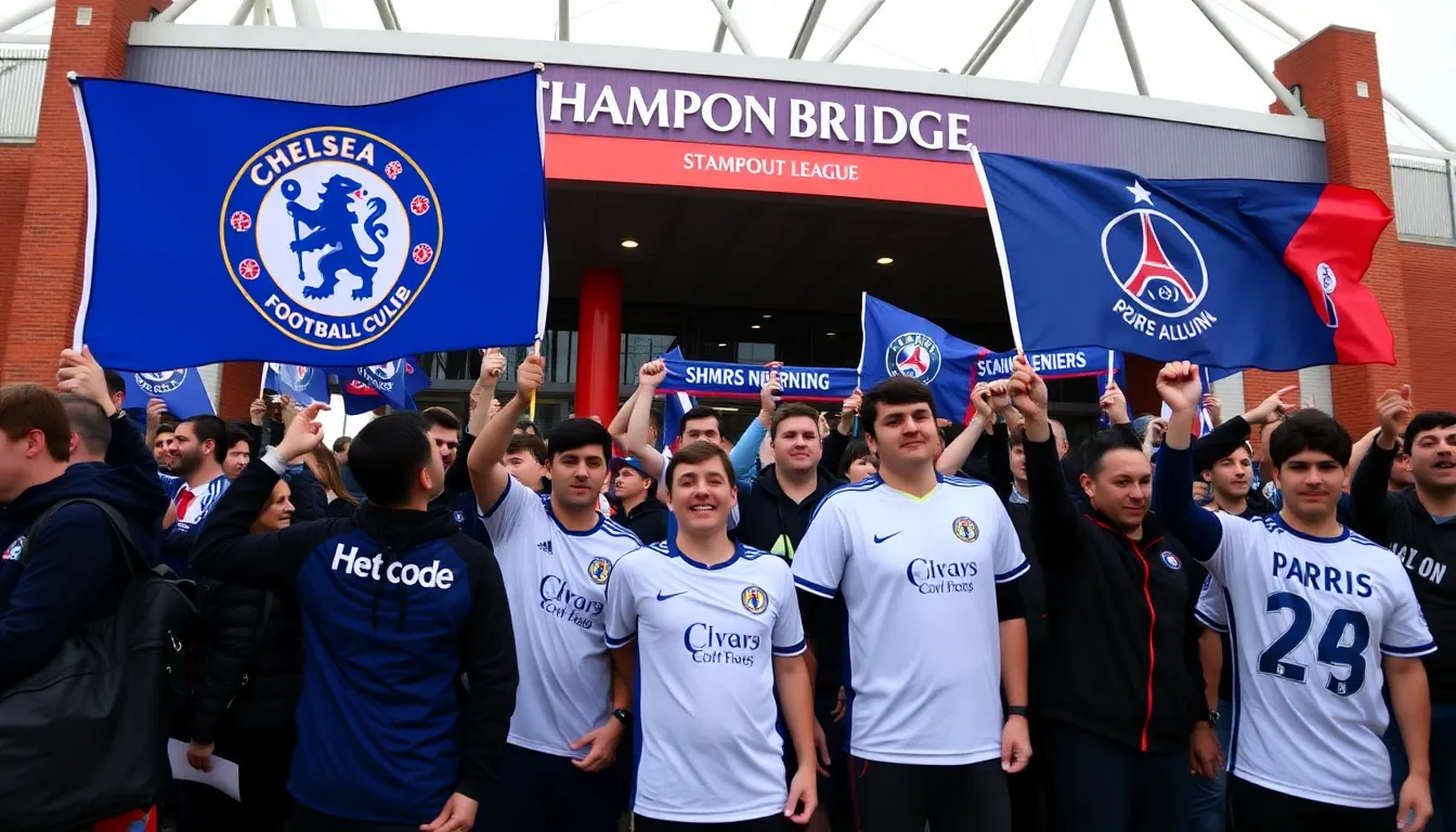 Aston Villa fans gathering excitedly outside the stadium, displaying their vibrant team colors and anticipation for the Europa League clash with Lille