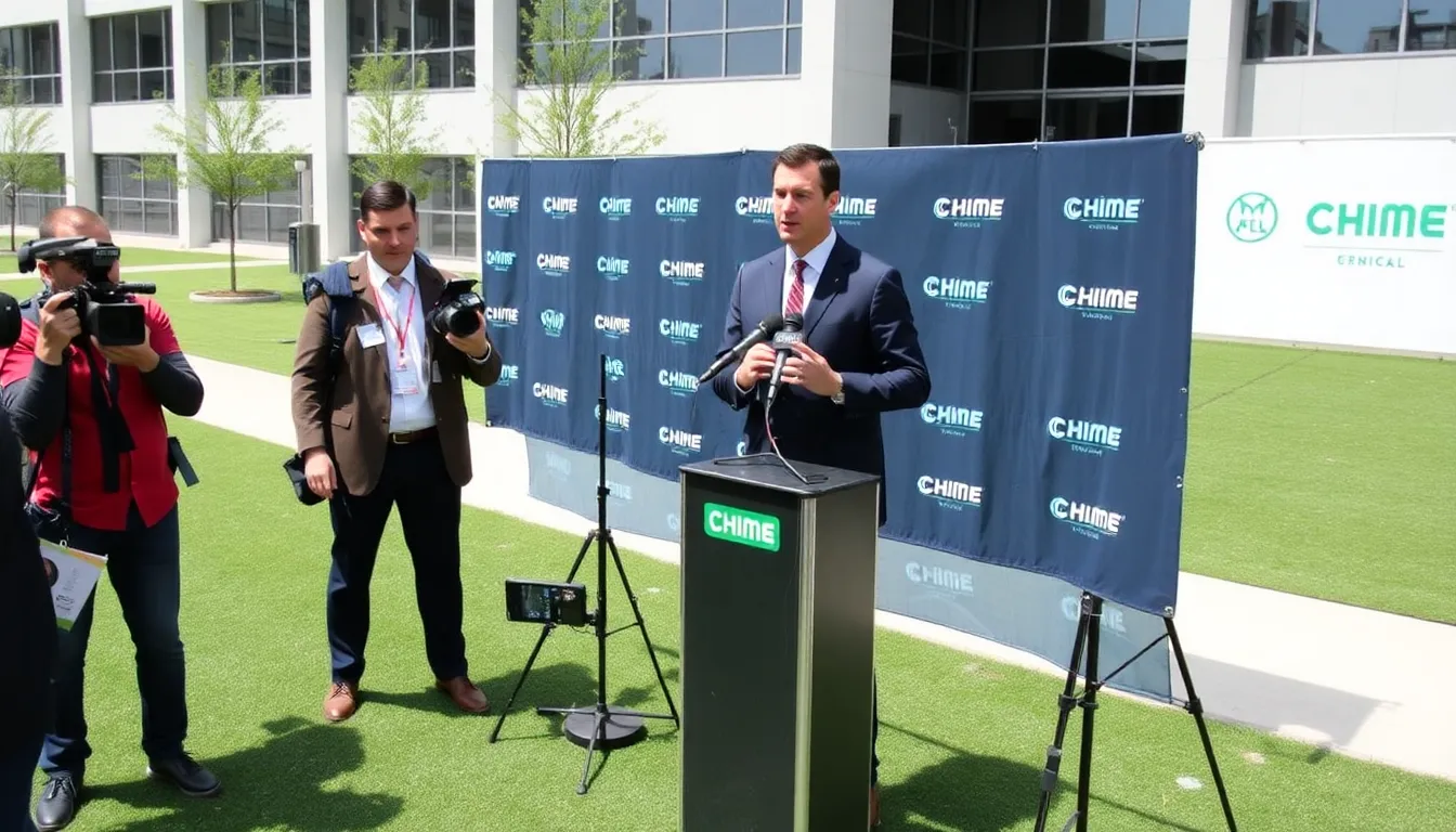 Chime executives and MLS representatives shake hands during the announcement of a multiyear sponsorship deal at a press conference.