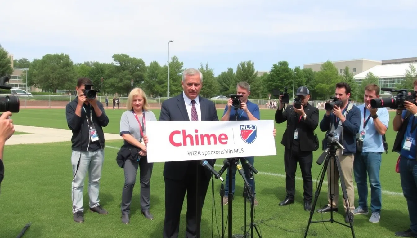 A group of young soccer fans interacting with Chime's promotional booth at an MLS event, emphasizing the brand's focus on connecting with a younger demographic