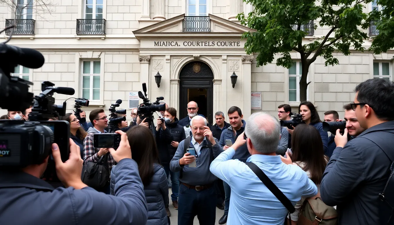 A group of people gathers outside a courthouse in Spain, discussing the recent court ruling that requires VPN providers to block illegal streaming services.