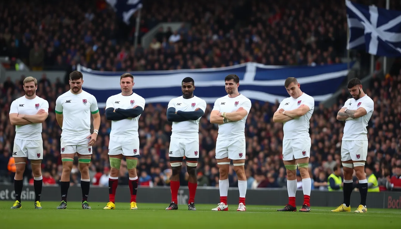 England's rugby team struggles on the field at Murrayfield Stadium during a tense match against Scotland, with players visibly frustrated after receiving yellow cards.