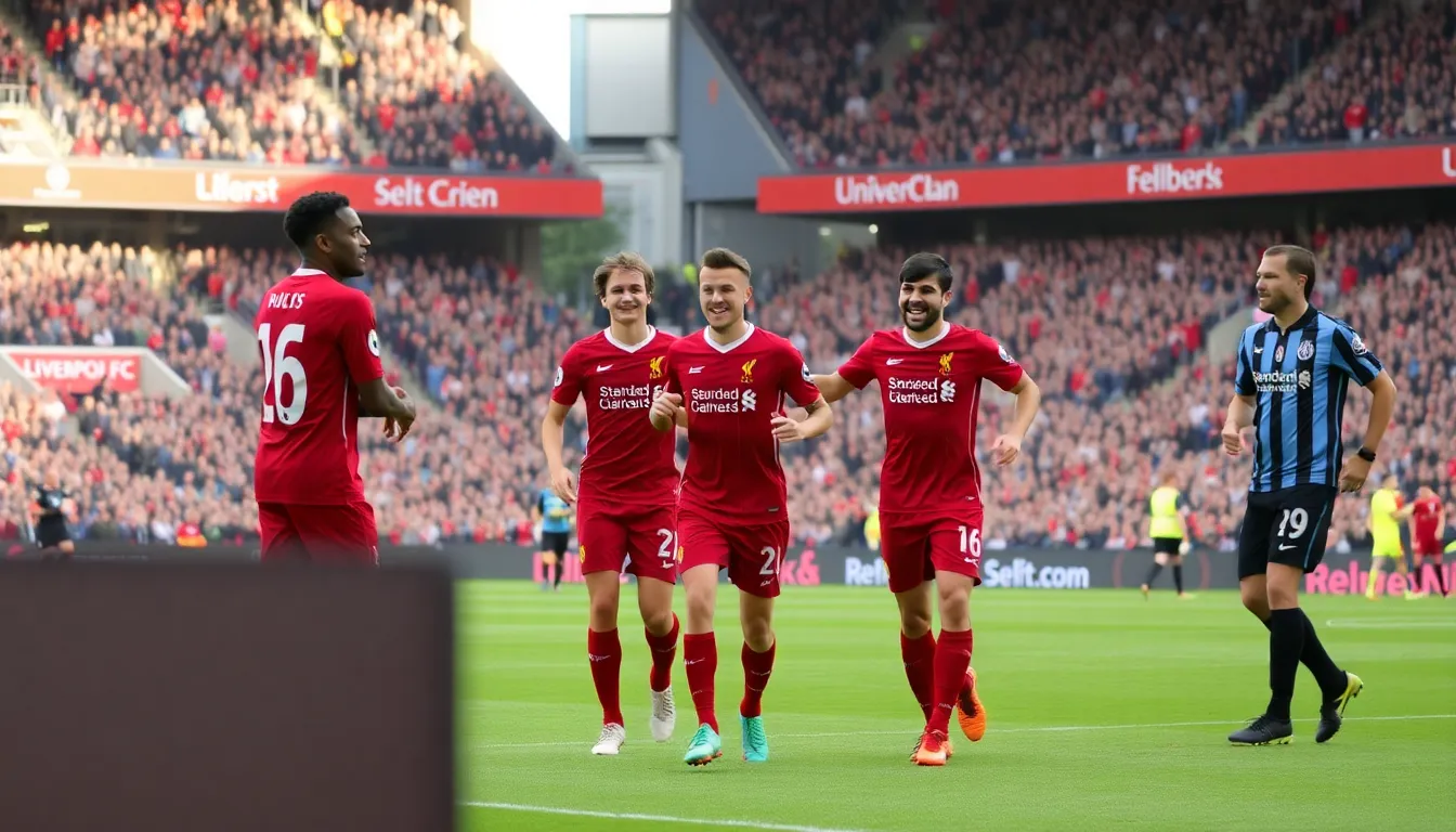 Liverpool players celebrate a goal during their 31 victory over Newcastle at Anfield, showcasing their attacking style and teamwork in a vibrant atmosphere filled with cheering fans.
