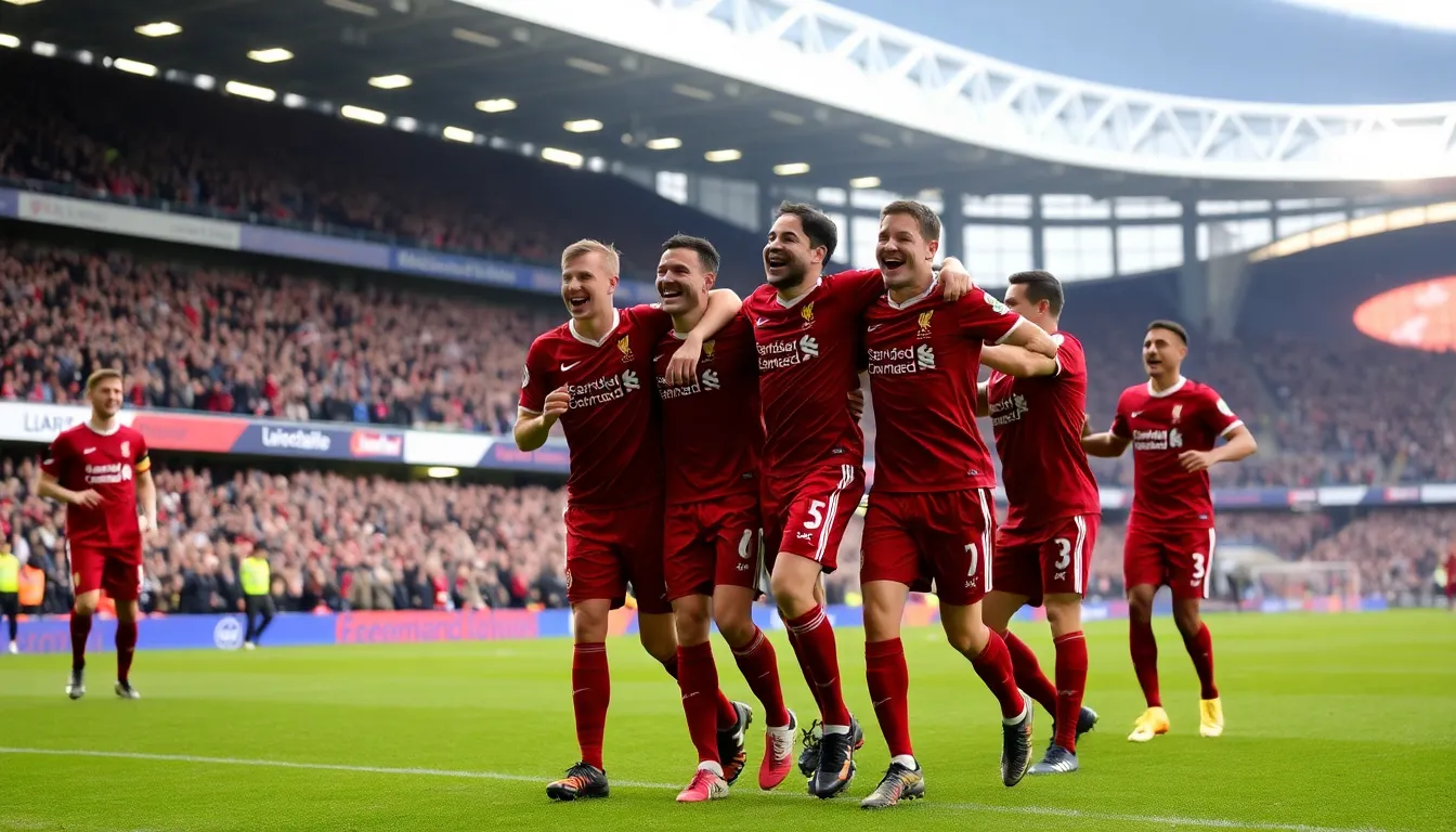 A vibrant crowd of Liverpool fans cheers passionately in the stands, illustrating the electric atmosphere during the match against Newcastle
