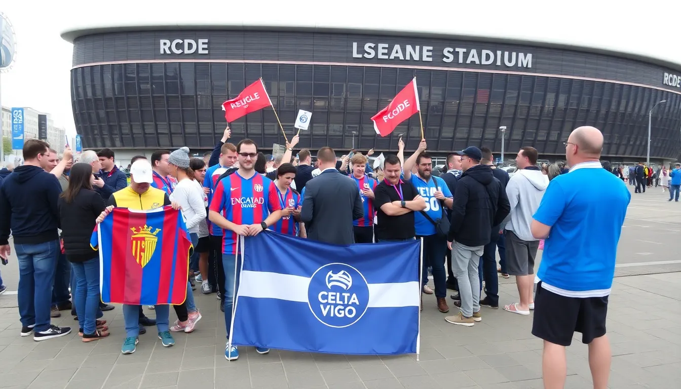 Fans gather at the stadium, wearing team colors and holding banners, as anticipation builds for the LaLiga match between Espanyol and Celta de Vigo.