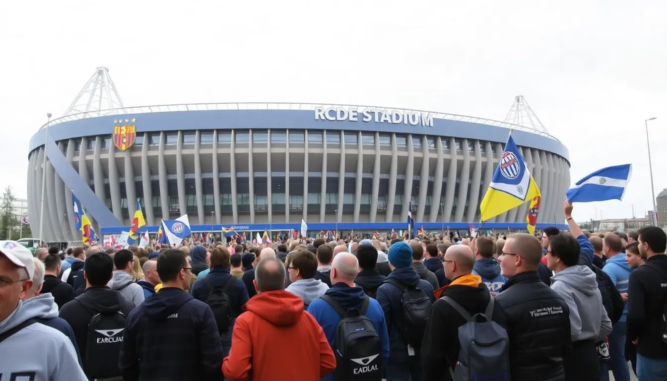 A vibrant scene outside the stadium as fans from both sides engage in spirited discussions, highlighting the rivalry and excitement surrounding the upcoming match