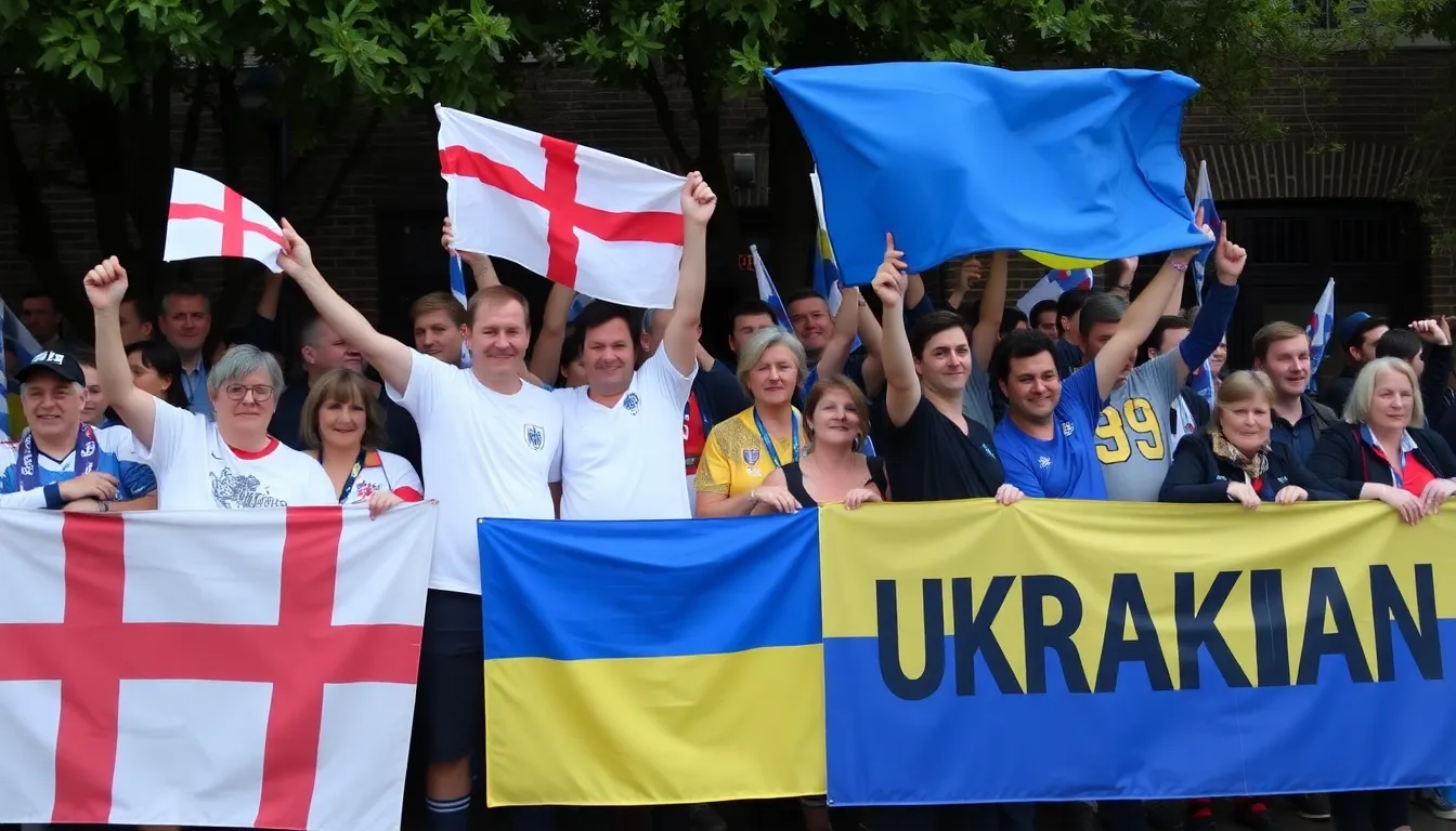 Fans gather outside Everton's Hill Dickinson stadium, wearing team colors and holding banners in anticipation of the upcoming match between England and Ukraine.