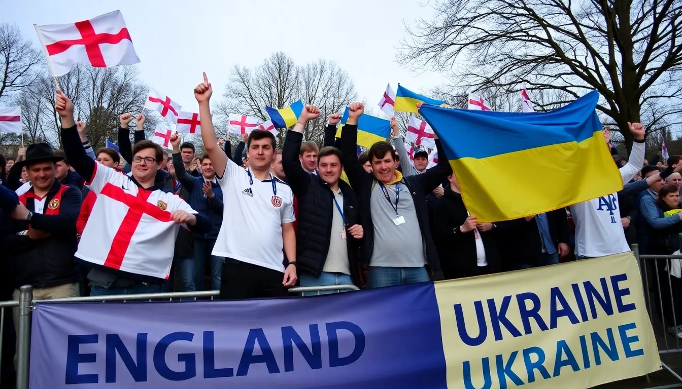 Ukrainian fans displaying their national colors and flags, demonstrating their support and passion for their team amidst ongoing challenges
