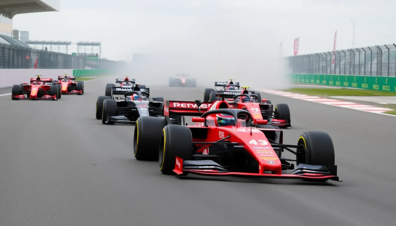 Seven Formula 1 drivers compete intensely on the track, showcasing their skills and strategies during a race, with the backdrop of a cheering crowd and team pit stops.