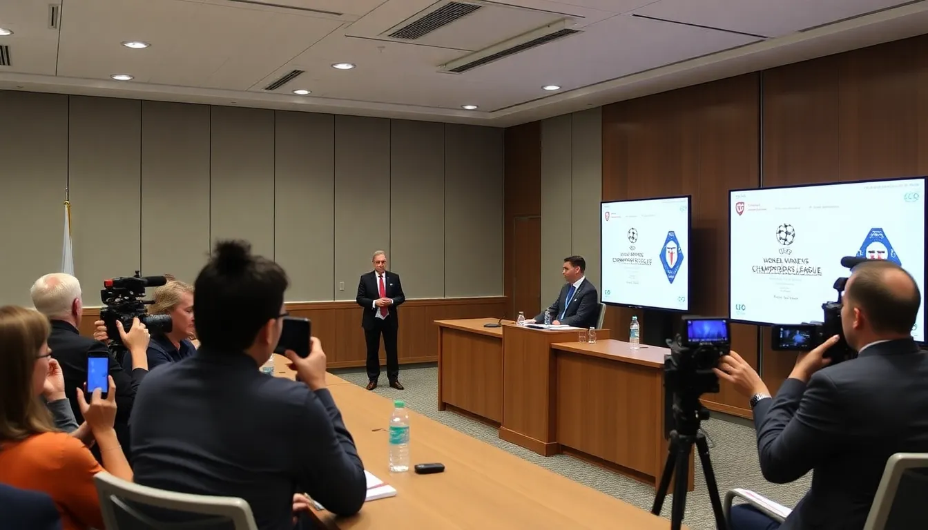 FAI officials and local government representatives gather at a press conference to announce their bid to host the 2029 UEFA Women's Champions League final, highlighting the importance of promoting women's football in Ireland.