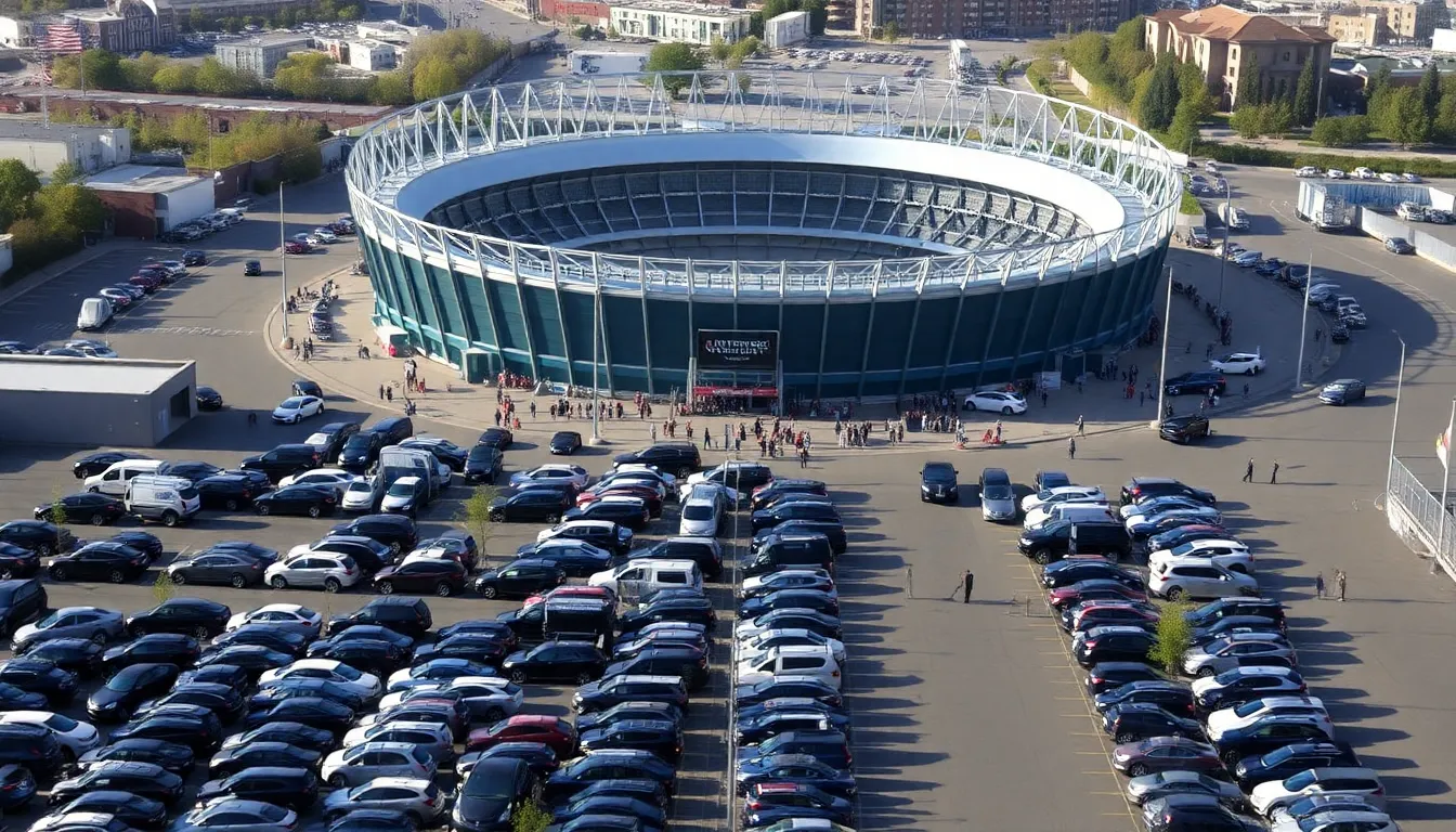 A crowded parking lot near a stadium shows fans arriving for a World Cup event, with signs indicating the new 5 parking fee.