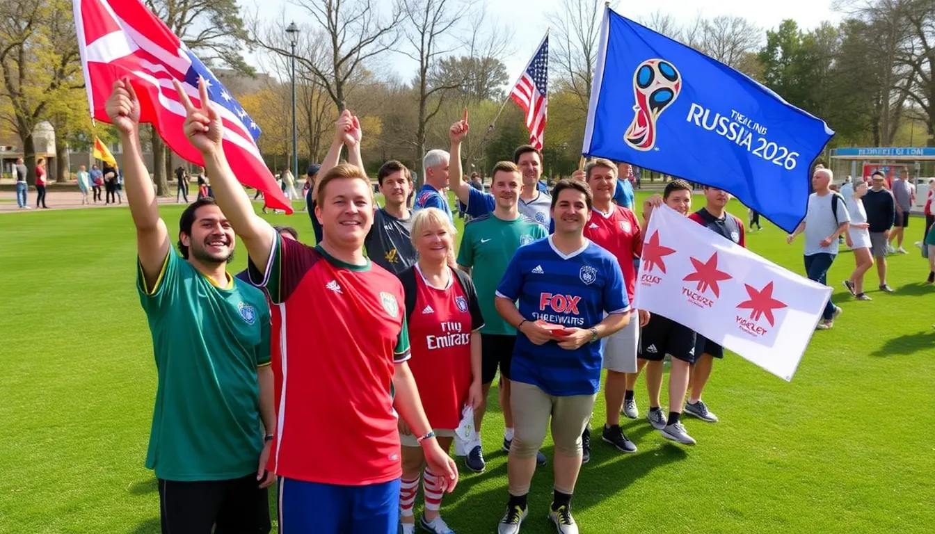 A group of enthusiastic soccer fans wearing team jerseys cheers in a crowded sports bar as they watch a live broadcast of a World Cup match on multiple screens.