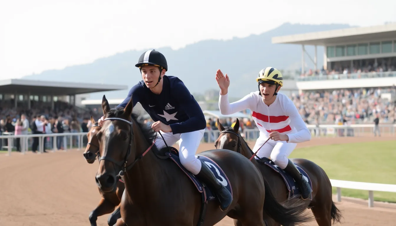 フランセジとラテンが年度最優秀馬タイトルを争うために、競馬場で緊張感あふれるレースの準備を進めている様子。