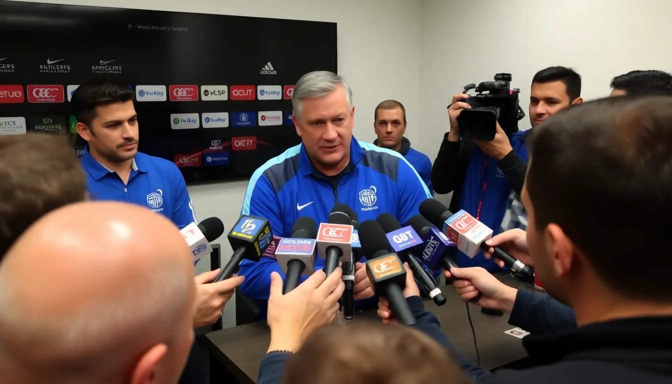 サッカーの試合中、選手ジラルデスが前半にプレーしなかった理由について語る記者会見の場面。