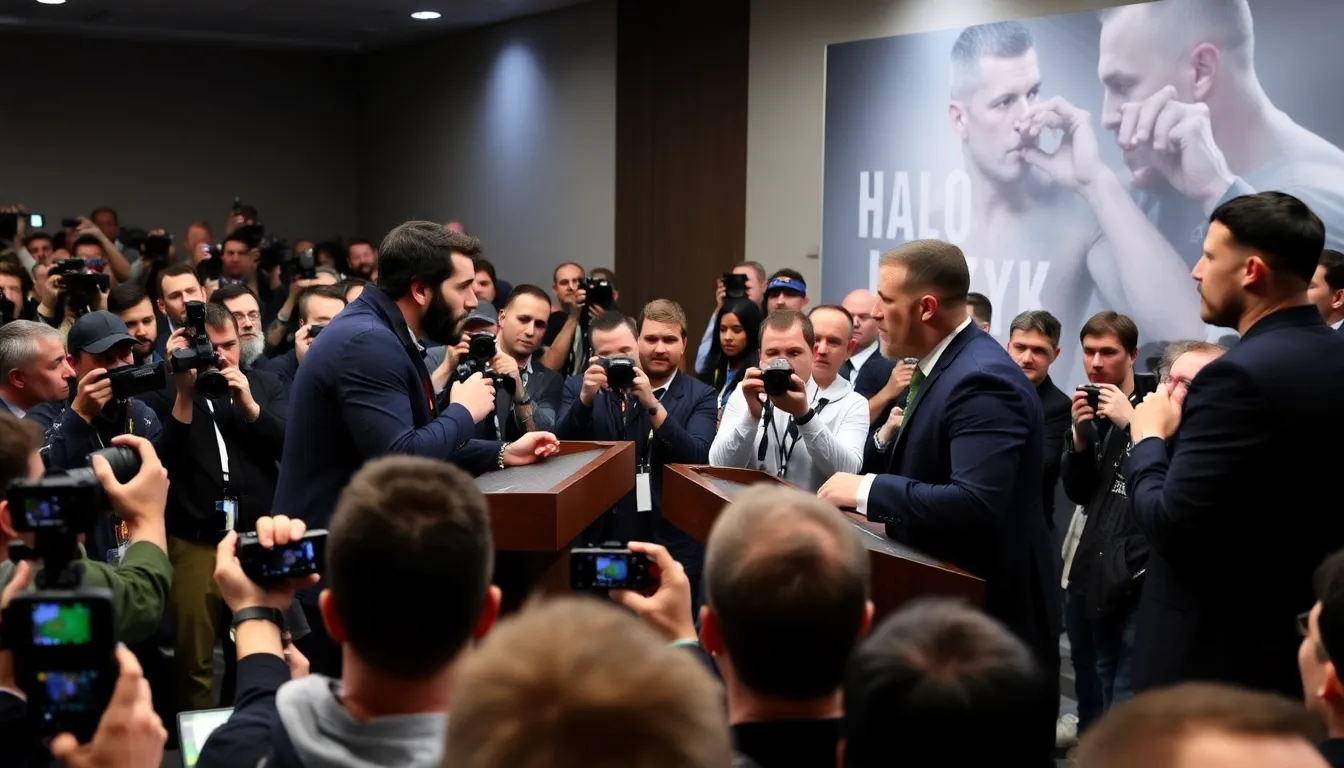 A diverse crowd of fans eagerly awaiting the announcement of the upcoming fight between Verhoeven and Usyk, reflecting the excitement surrounding the event