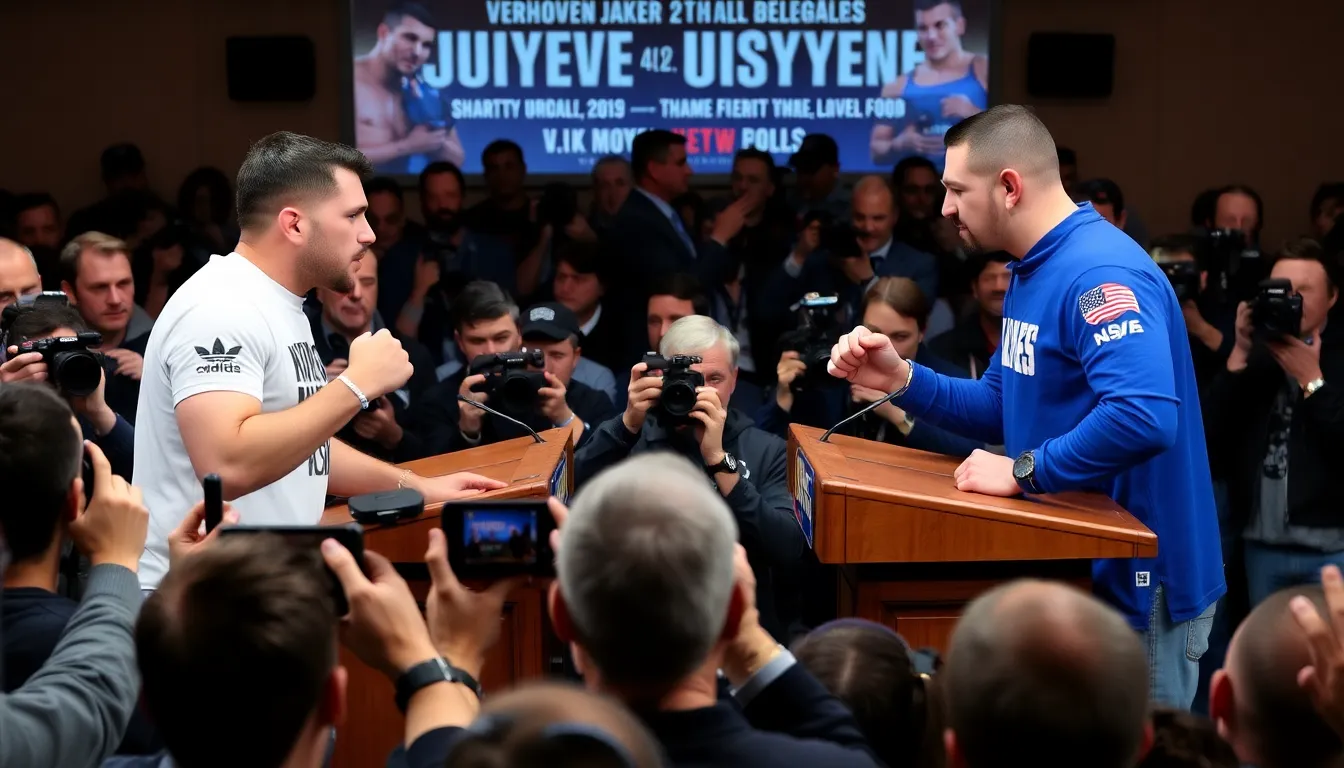 Rico Verhoeven and Oleksandr Usyk engage in a press conference, discussing their upcoming fight while surrounded by reporters and cameras.