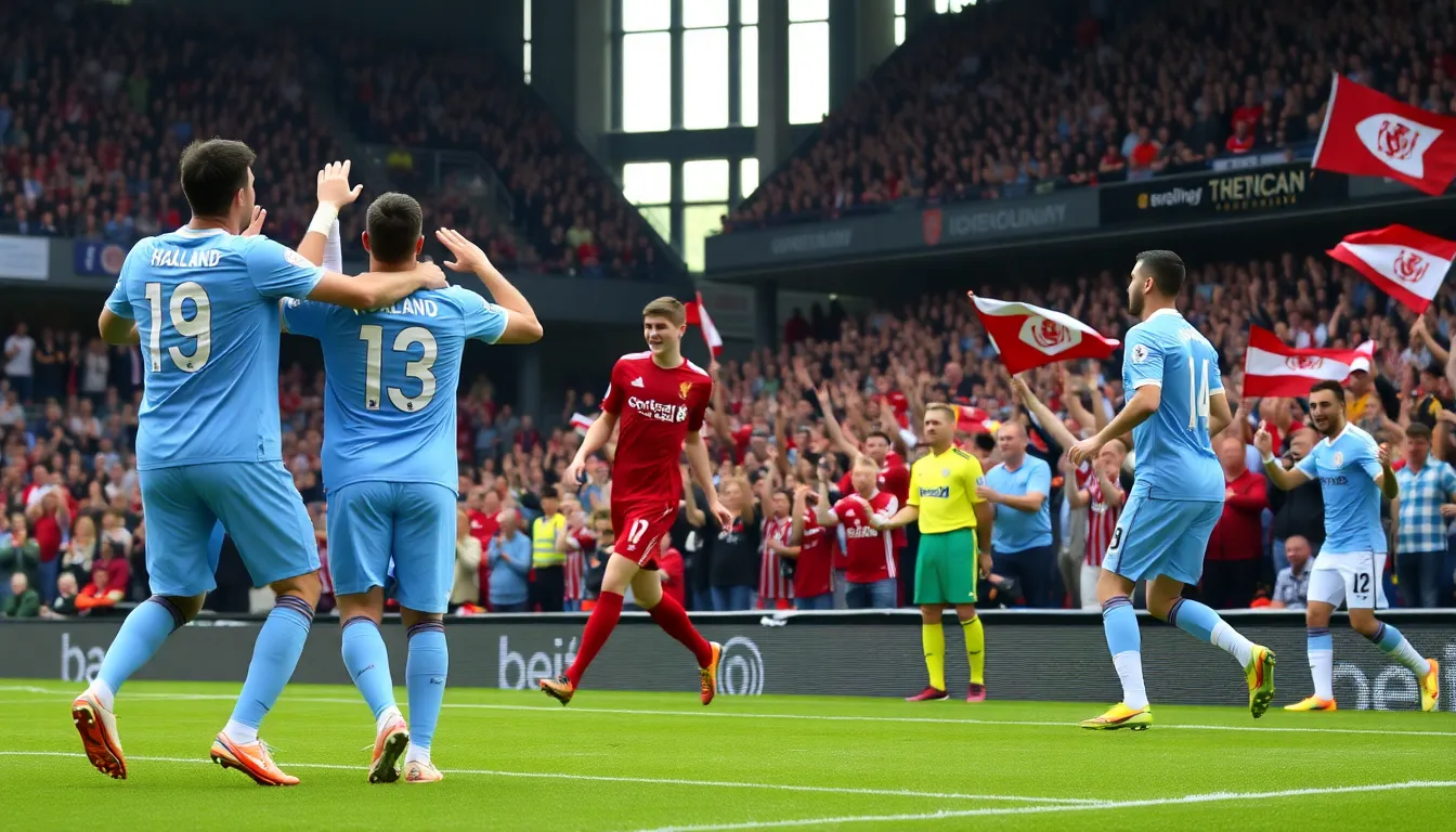 Erling Haaland celebrates after scoring a stoppagetime penalty, securing a dramatic victory for Manchester City against Liverpool at the Etihad Stadium.