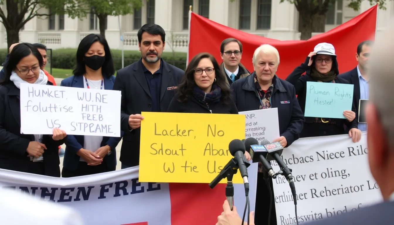 A group of protesters holds signs demanding justice and accountability outside a government building, highlighting concerns about human rights issues in the U.S. ahead of the World Cup.