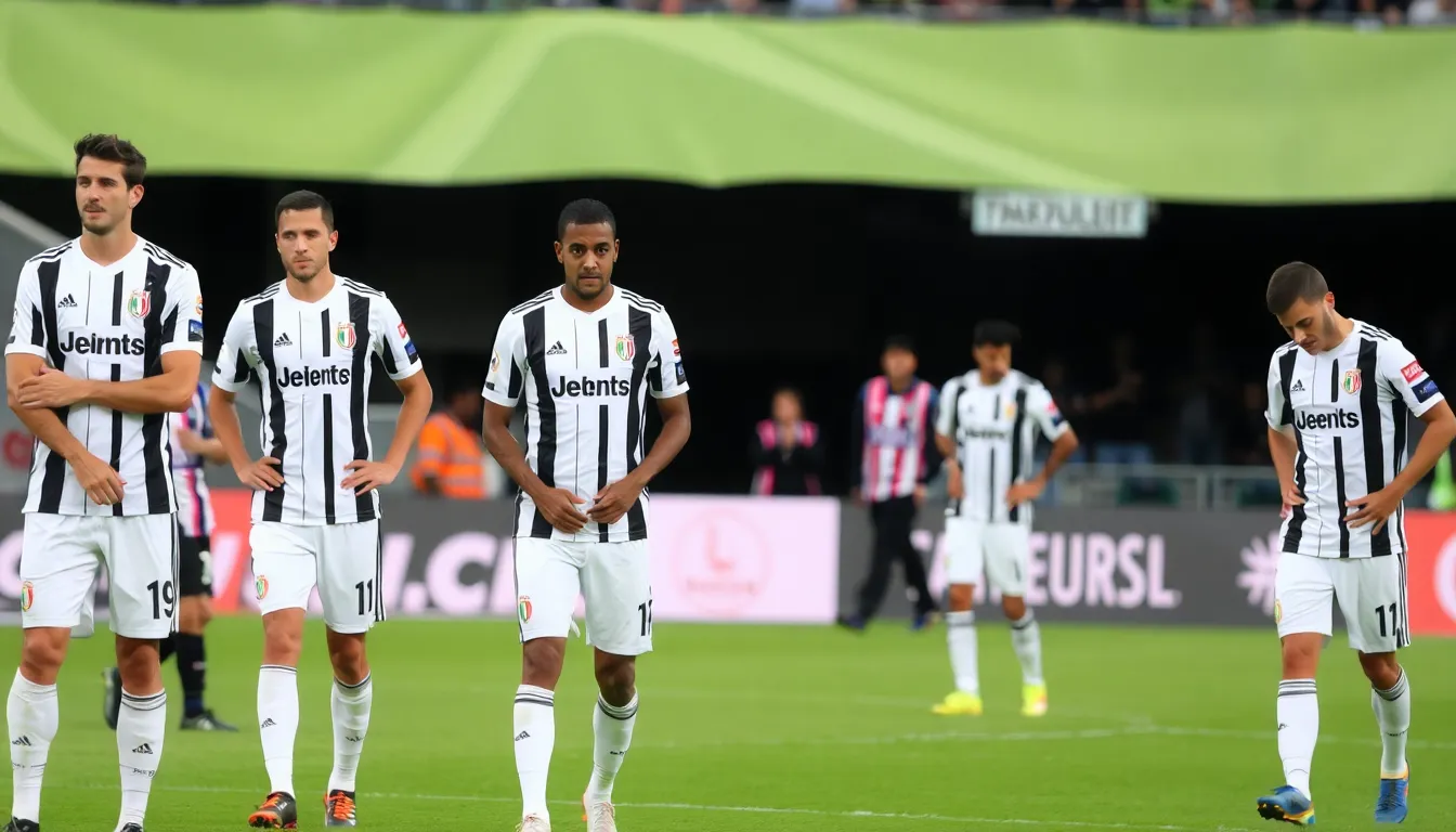 A tense moment in the match as players from both Juventus and Atalanta vie for possession of the ball on the pitch