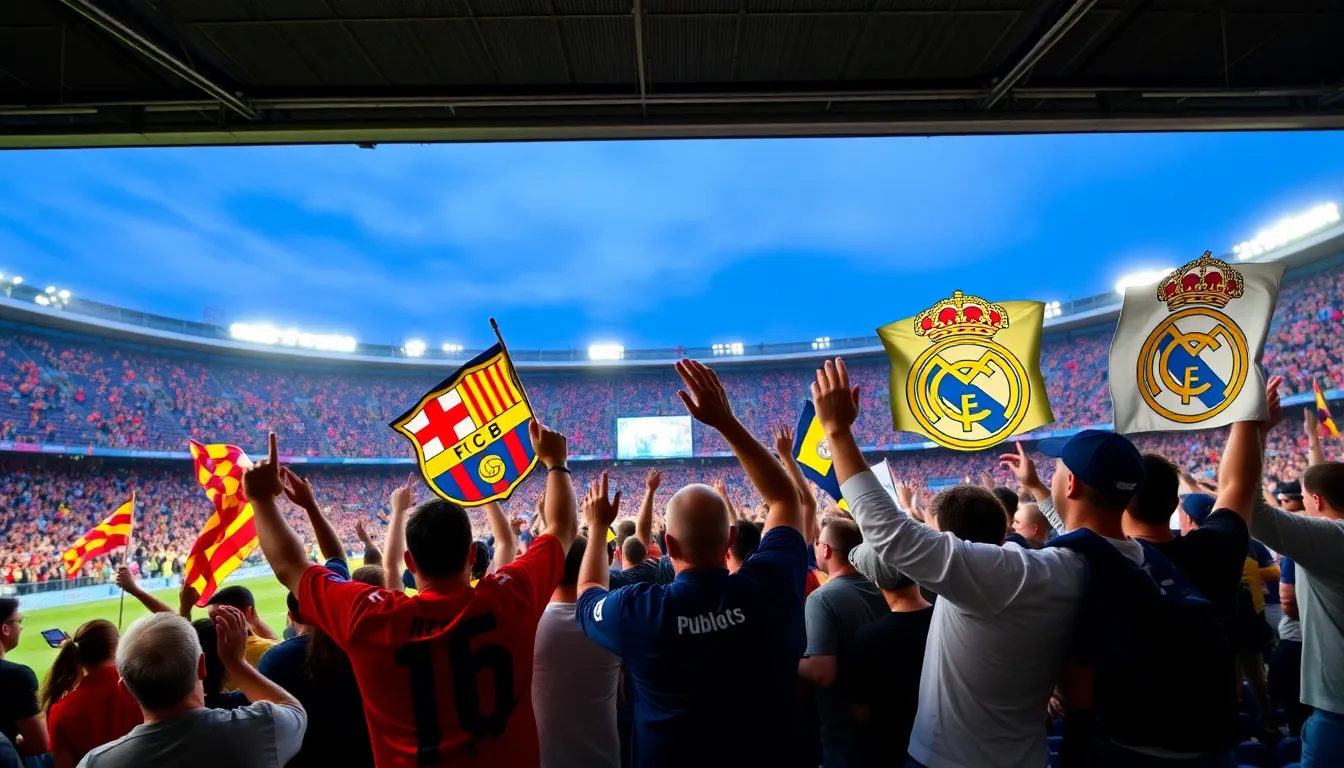 Fans cheer enthusiastically in the stands as FC Barcelona faces off against Real Betis during a tense La Liga match.