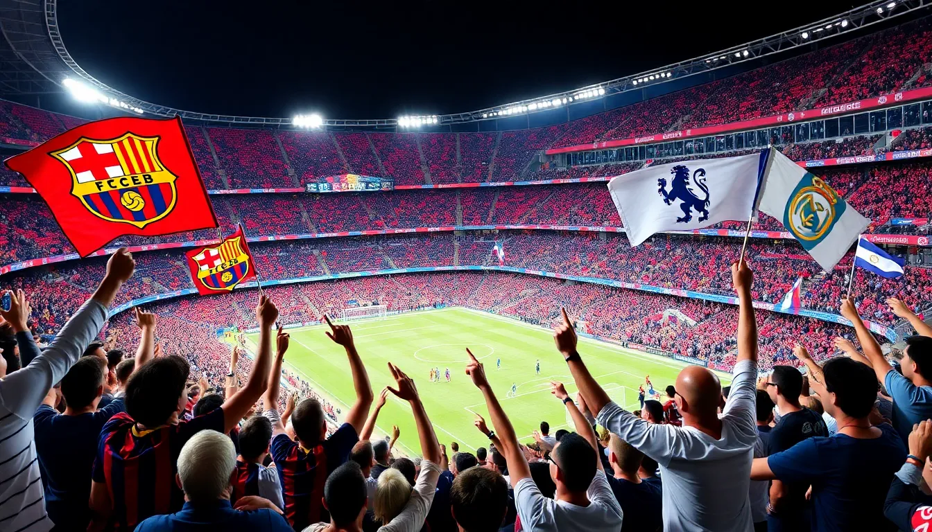 Fans cheering passionately in the stands as they support their teams during an intense La Liga match, highlighting the vibrant atmosphere of the title race