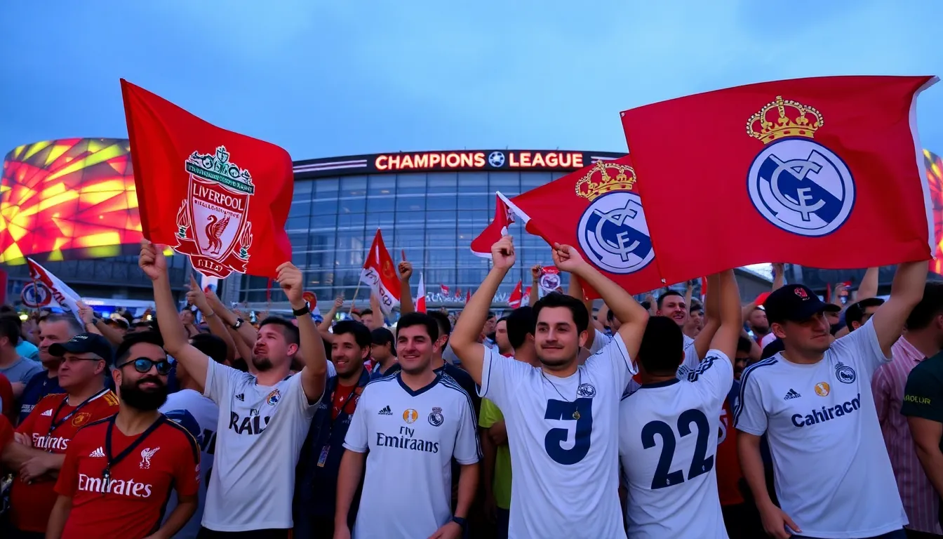 Liverpool fans gather outside Anfield, waving flags and chanting in anticipation of their team's upcoming Champions League quarterfinal match against Real Madrid.
