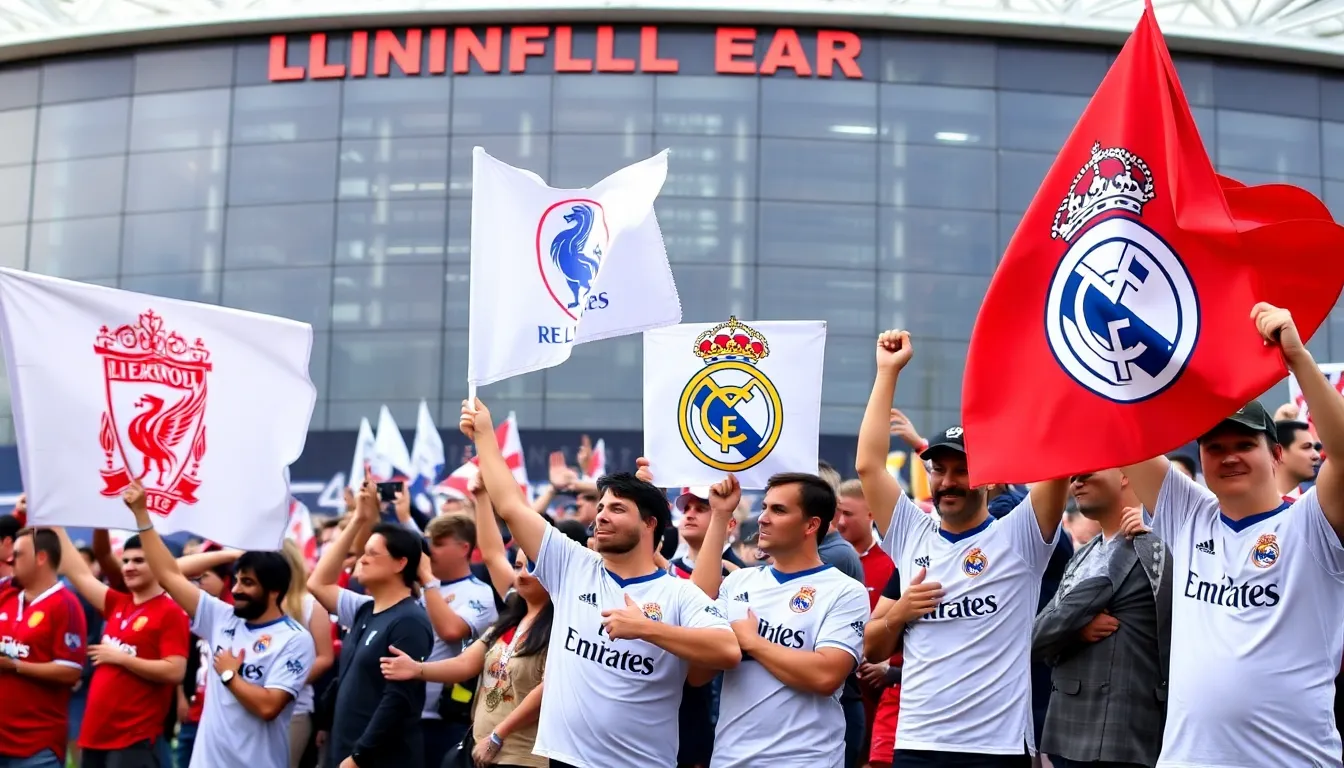Fans from both Liverpool and Real Madrid fill the streets, creating a vibrant scene of camaraderie and excitement as they prepare for the upcoming semifinal clash