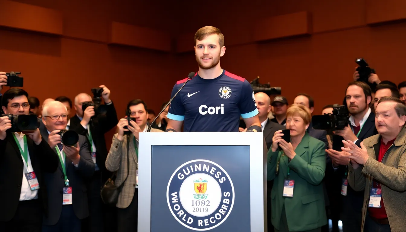 James Milner stands proudly holding the Guinness World Records book, celebrating his historic achievement of 600 Premier League appearances during a press event.