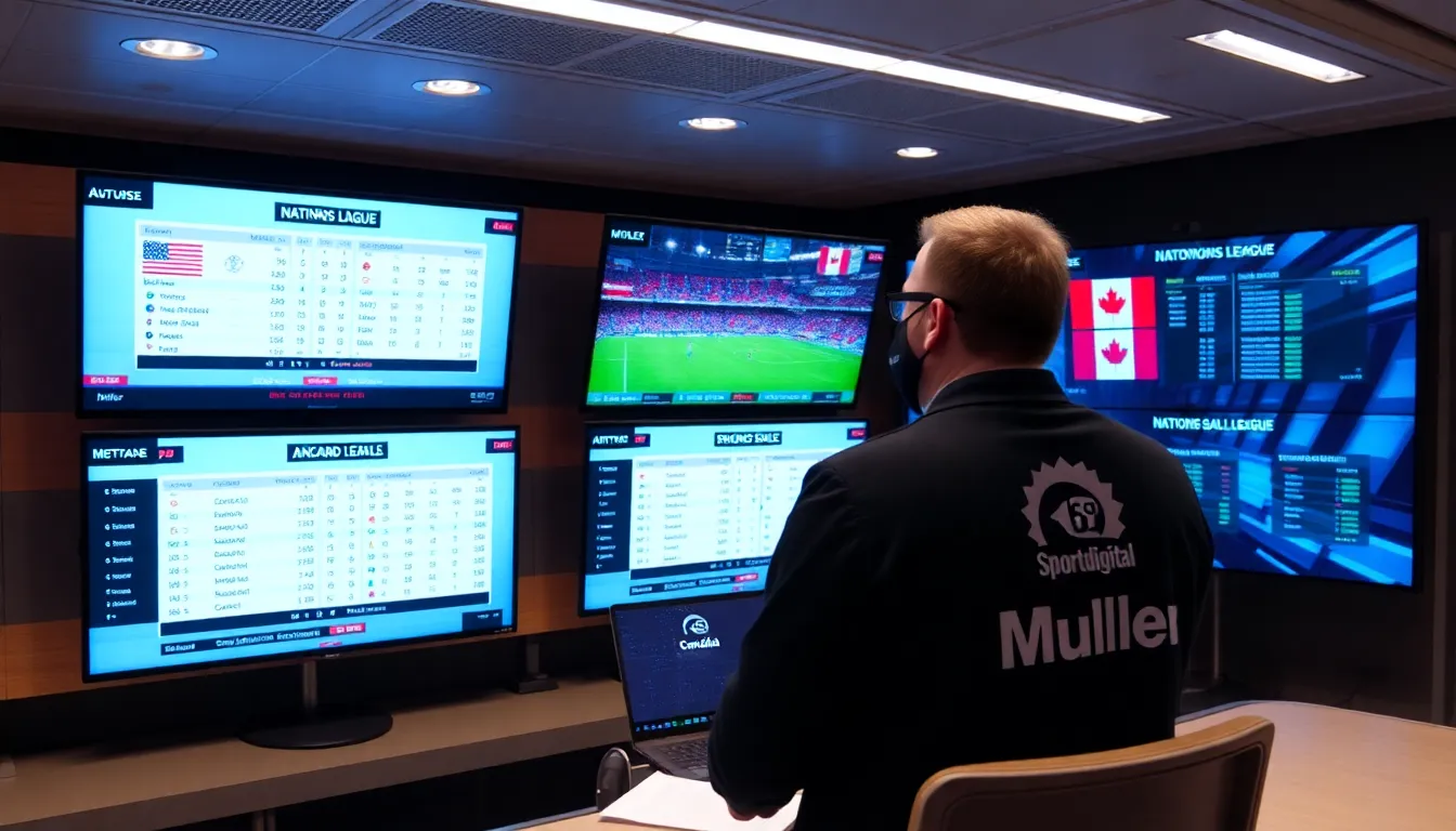 Müller stands confidently in the Sportdigital studio, preparing to discuss the upcoming Concacaf events as screens behind him display soccer highlights and tournament graphics.