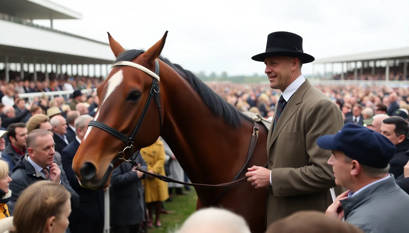 Mondo Man gallops triumphantly across the finish line at Plumpton racecourse, with jubilant fans cheering in the background.