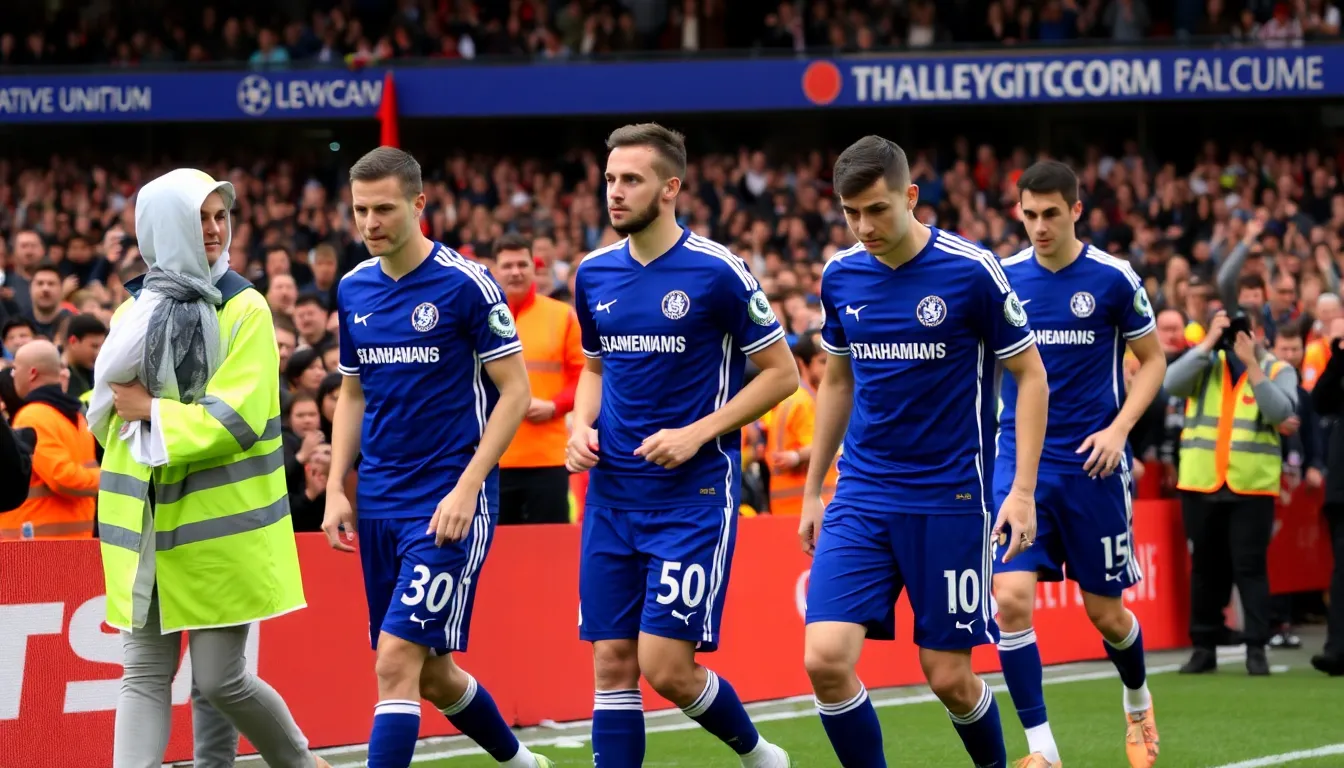 Chelsea players huddle on the pitch during a training session, focusing intently as they prepare for a series of challenging upcoming matches in the Premier League.