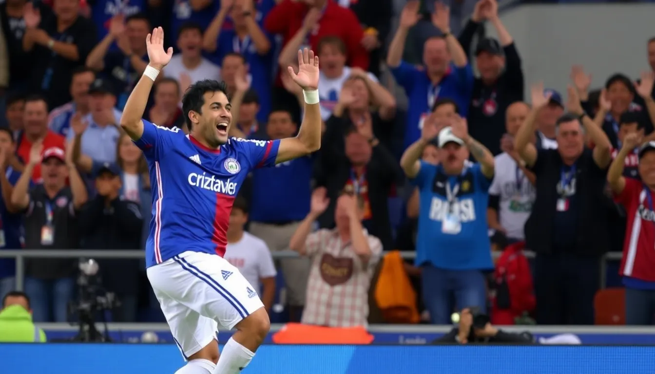Juan Romero celebrates after scoring one of his three goals during Cruz Azul's 41 victory over Vancouver FC at Estadio Azteca.