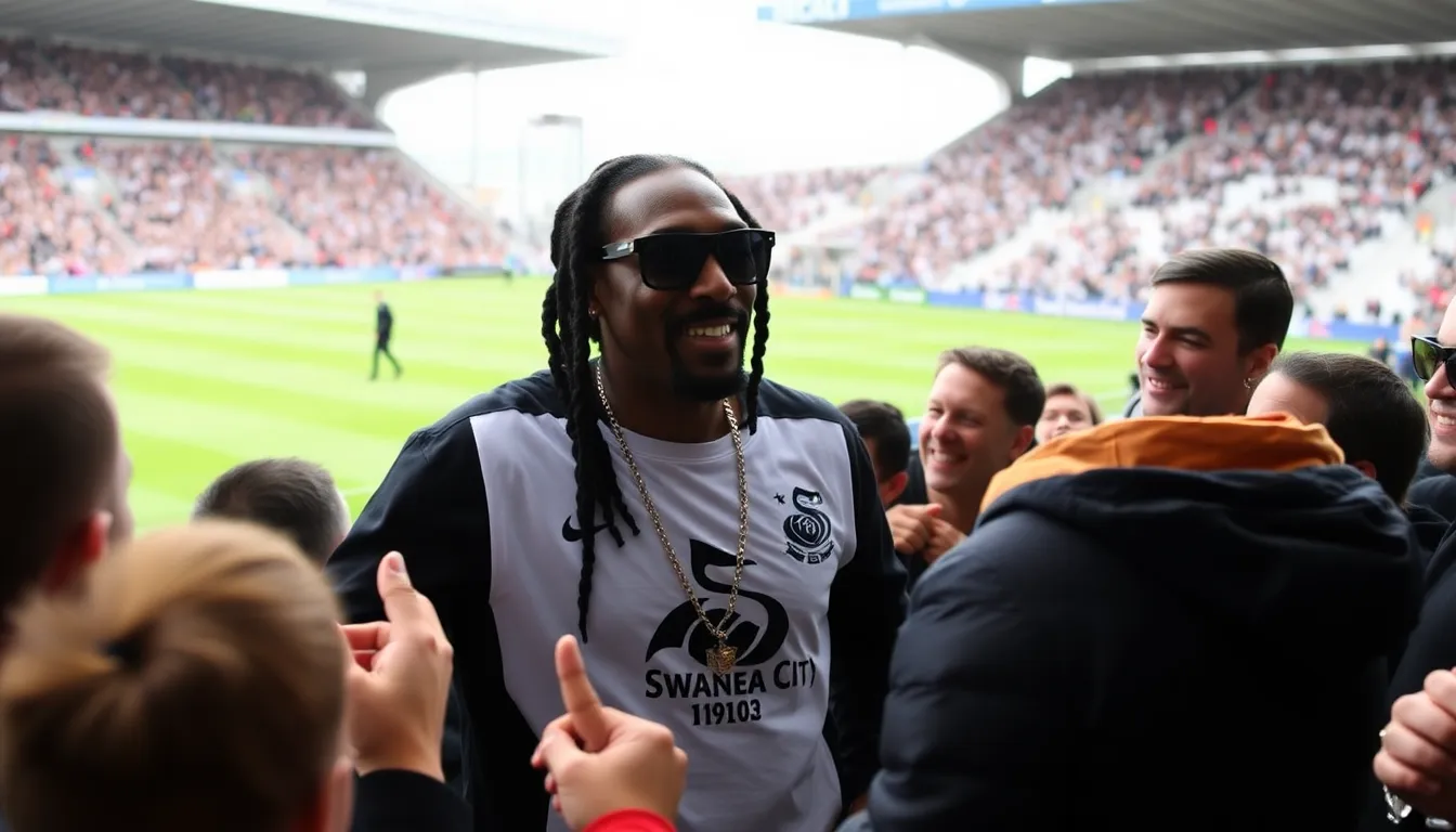 Snoop Dogg announces his interest in investing in Swansea City AFC during a live social media event, surrounded by fans and media representatives eager to hear his plans for the club.