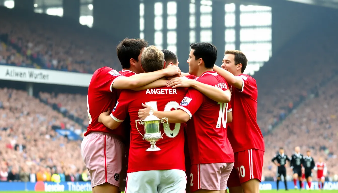 The underdog team celebrates their thrilling FA Cup victory on the pitch, surrounded by jubilant fans and teammates.