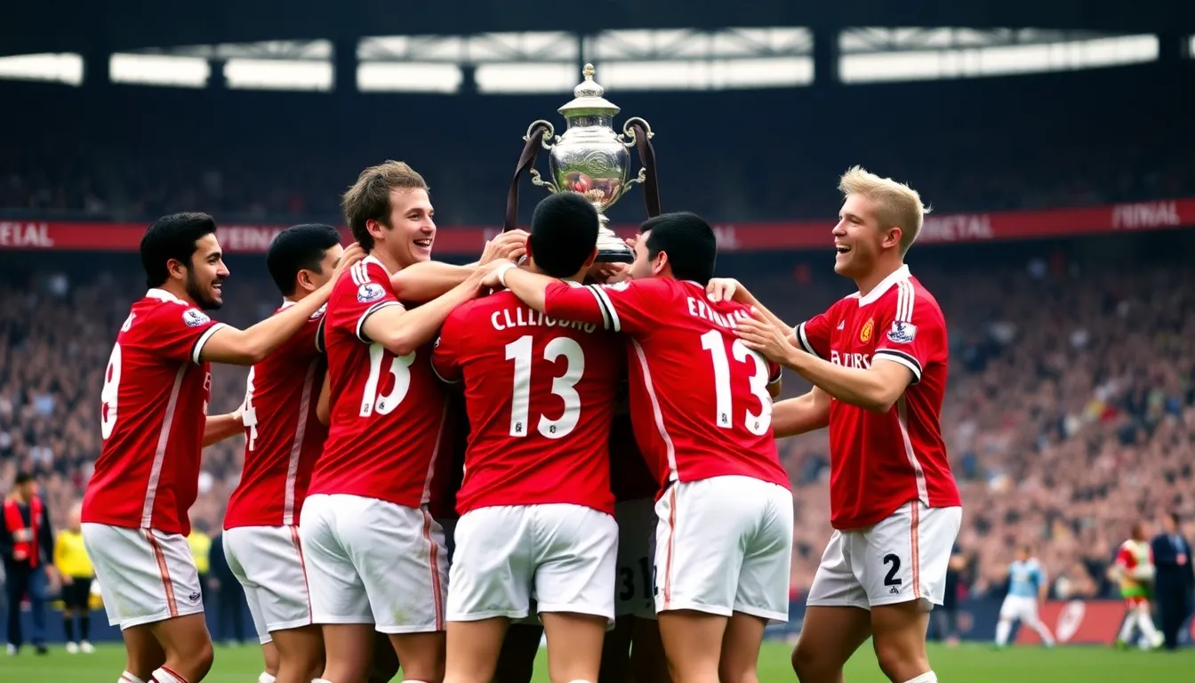 Fans celebrating the team's recent FA Cup victory, creating a vibrant atmosphere filled with joy and camaraderie outside the stadium