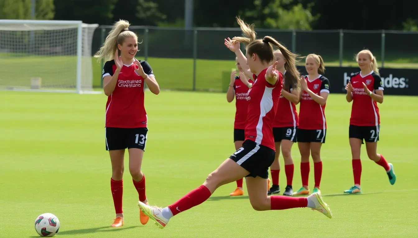 Sweet Kerolin celebrates after scoring a stunning chip goal over the Liverpool goalkeeper during the match, showcasing her skill and composure.
