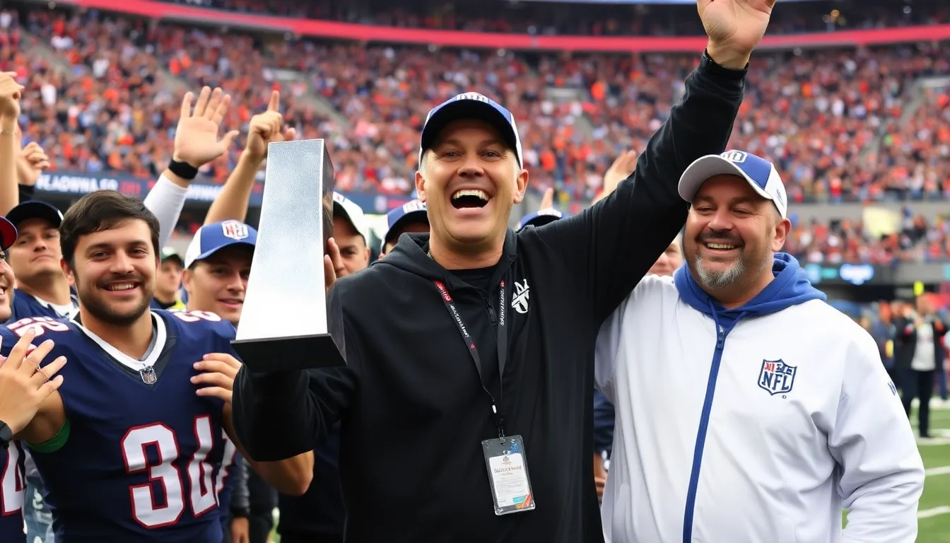 Coach Durde celebrates with his team on the field after winning the Super Bowl, surrounded by confetti and cheering fans.