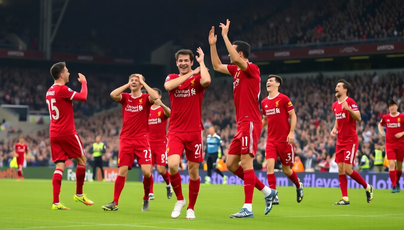 Liverpool players embrace each other in a moment of triumph after securing their victory, reflecting the unity and spirit of the team