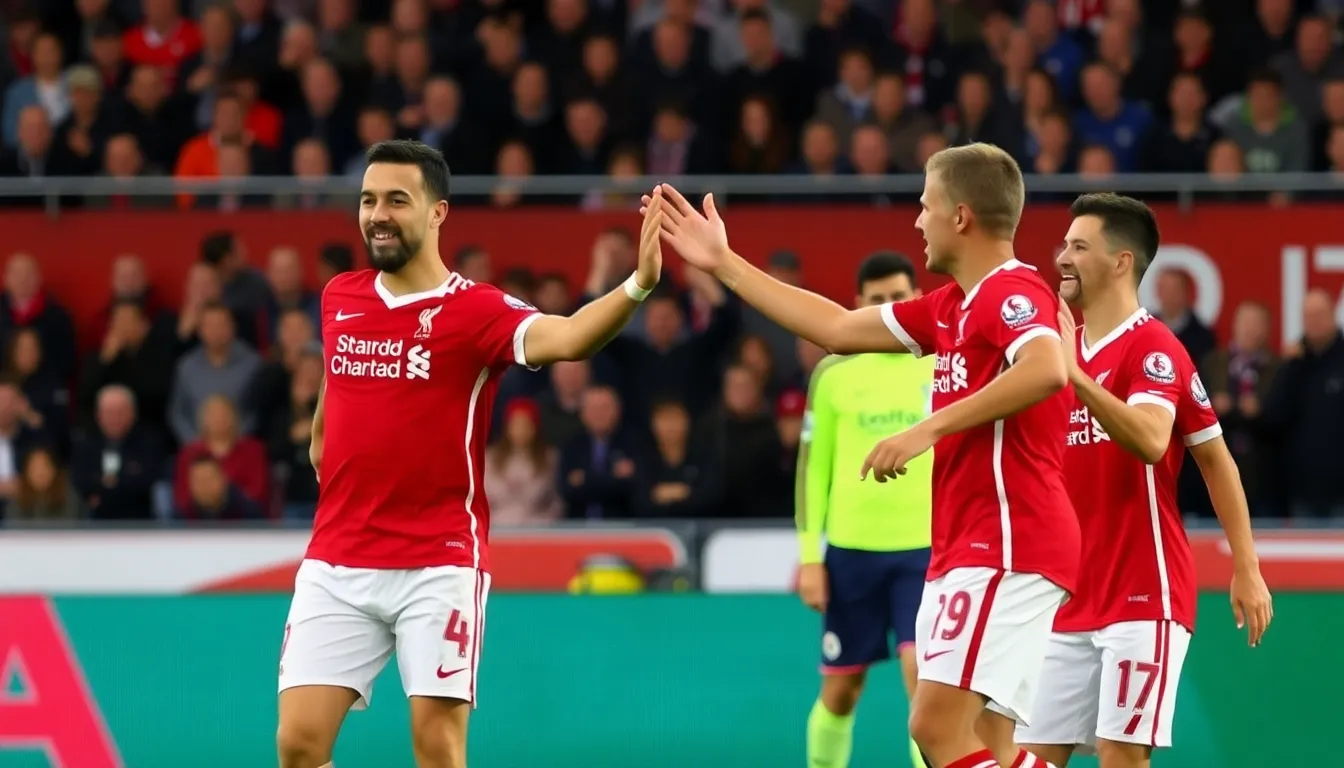 Virgil van Dijk celebrates with teammates after Liverpool's victory over Sunderland, marking the end of Sunderland's unbeaten record at Anfield.