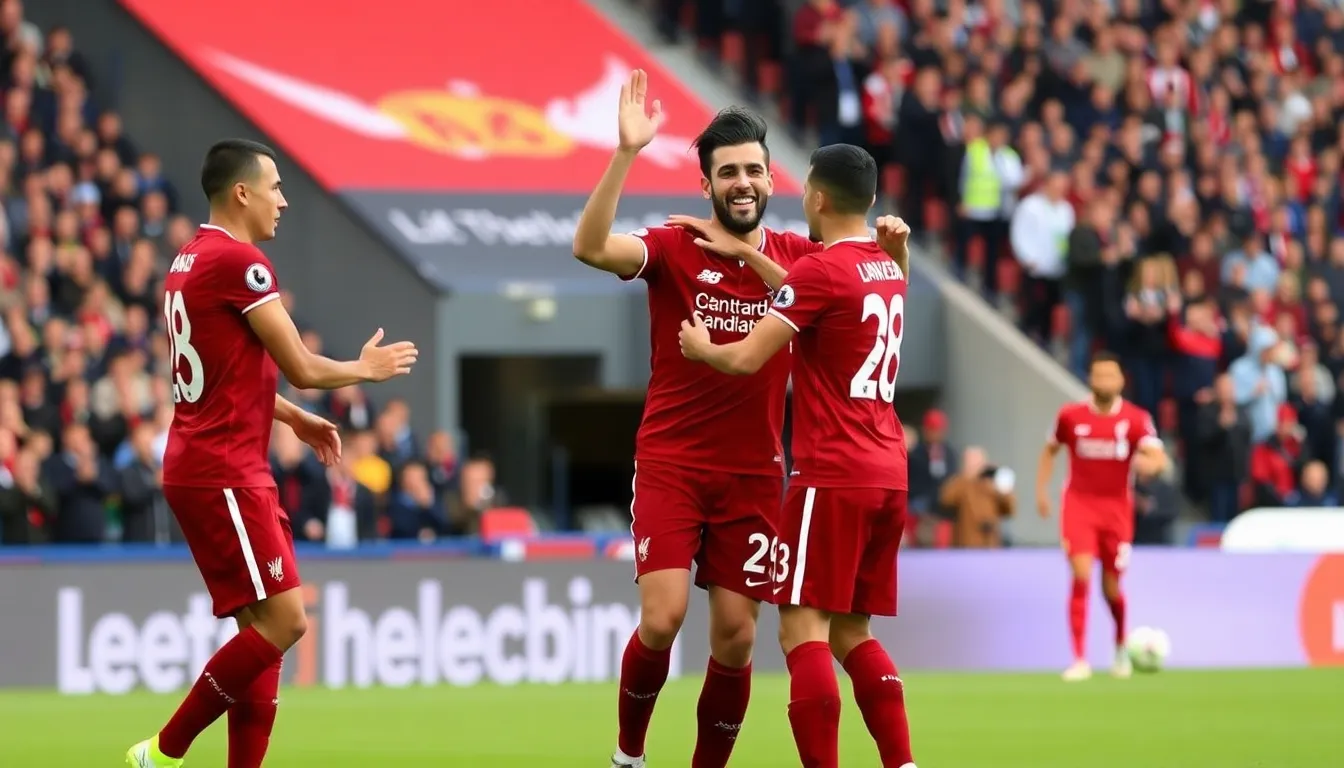 Liverpool players celebrating a goal, showcasing their offensive strength and team spirit