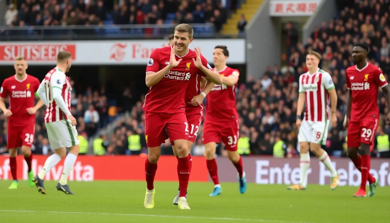 Fans cheering wildly in the stands, capturing the excitement and pride following Liverpool's historic victory
