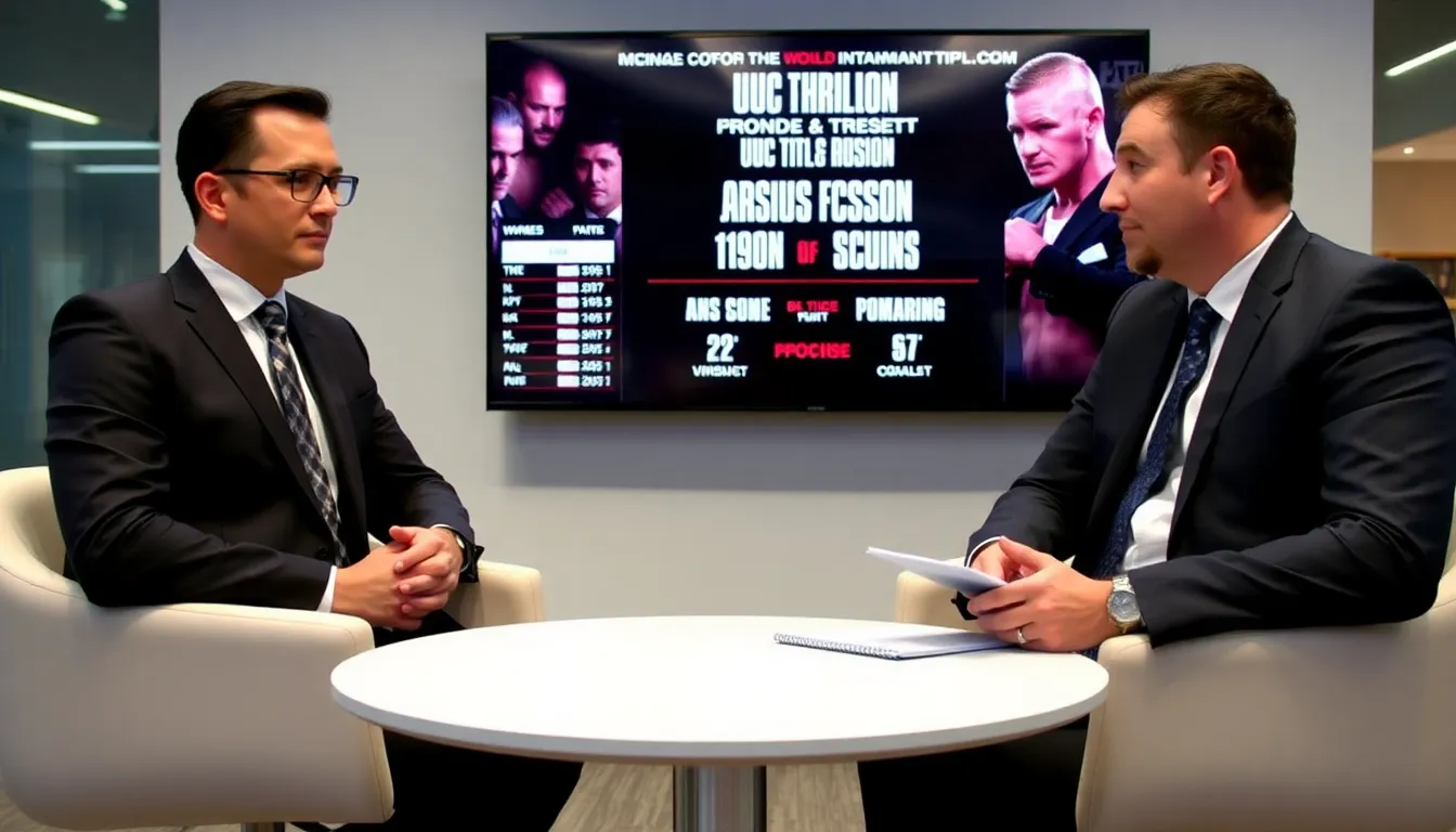 Wardley and Dubois engage in a serious discussion at a boxing venue, surrounded by reporters and cameras, as they negotiate the details of their anticipated allBritish world title fight.