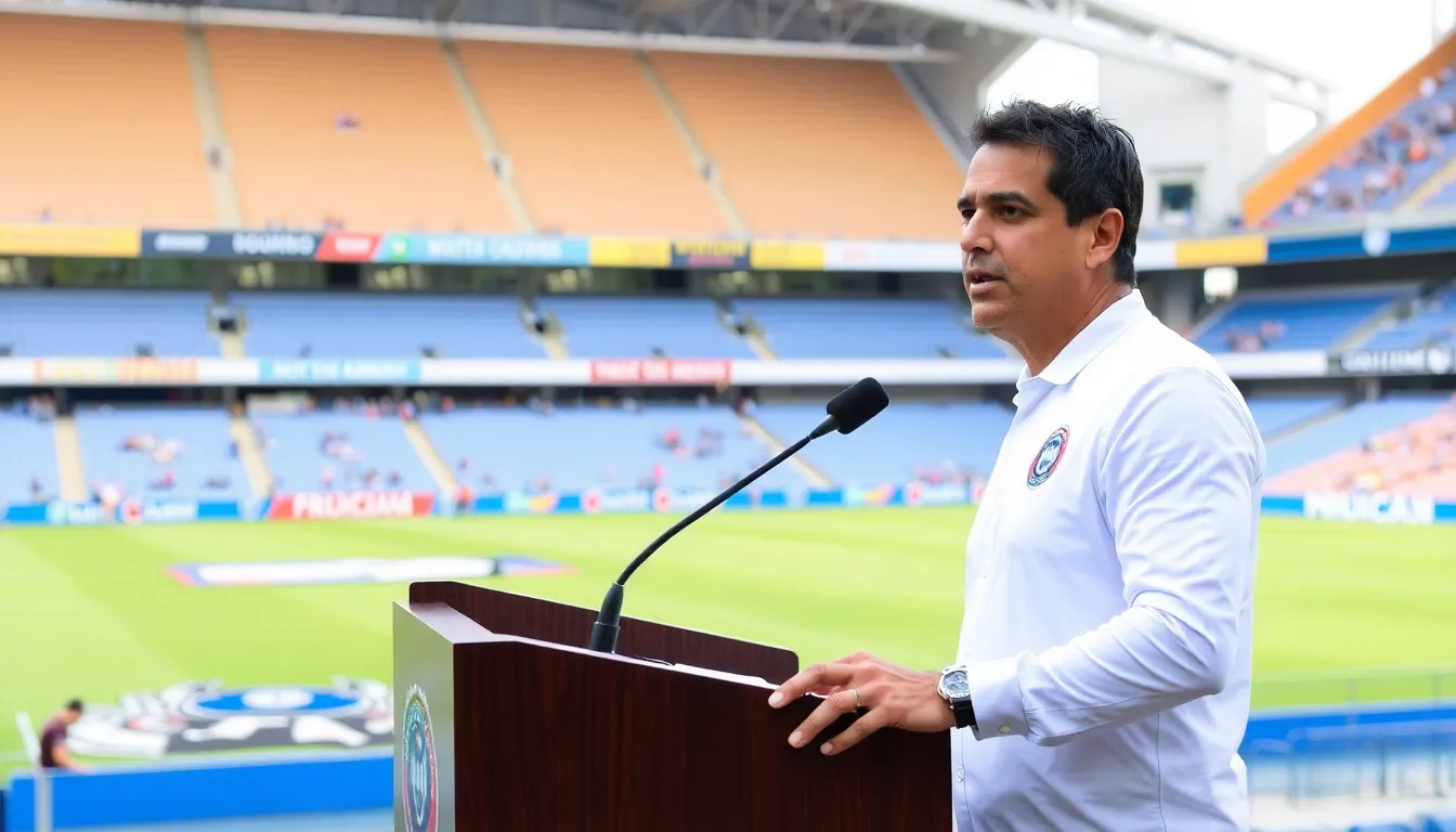 Coach Matías Almeyda speaks passionately at a press conference, addressing the media about his team's motivations and goals amid a challenging season.