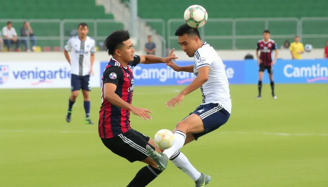 サッカーの試合中、デビューを果たした下部組織出身の選手が冷静にプレーし、観客からの熱い応援を受けている。