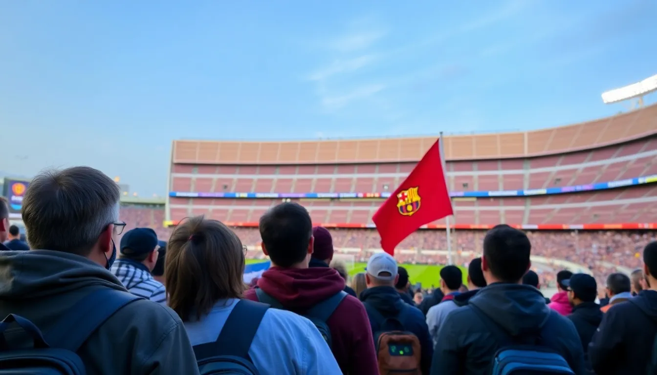 fans cheering and waving flags as they fill the stands of Camp Nou during a match, celebrating the stadium's phased reopening to accommodate over 62,000 attendees.