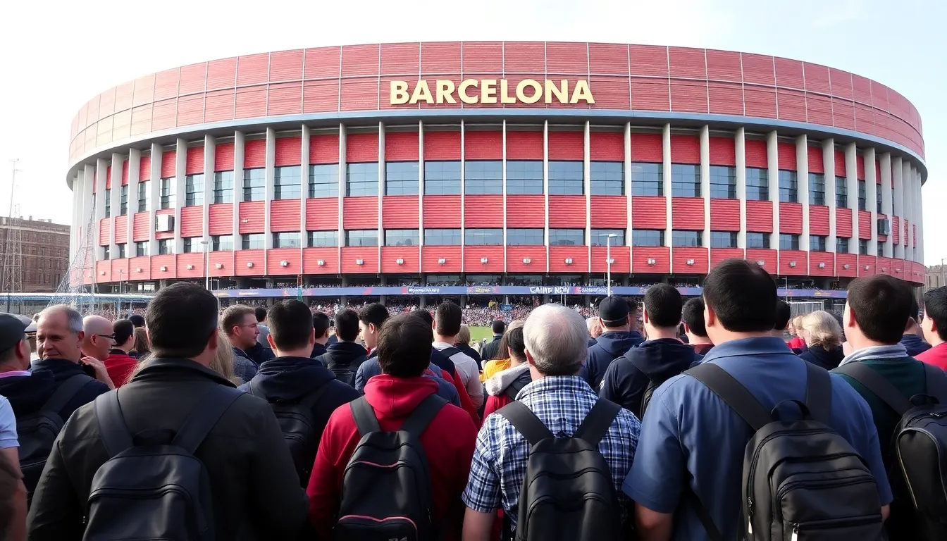 FC Barcelona players warming up on the pitch, surrounded by a lively crowd as the stadium's capacity increases to over 62,000