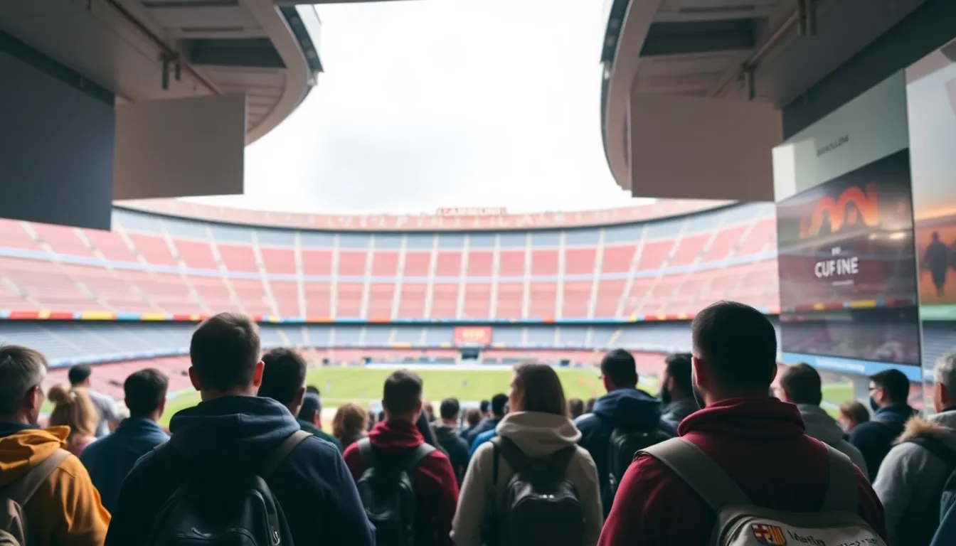 A panoramic view of the newly renovated Camp Nou, highlighting its iconic structure and the excitement of returning fans filling the stands