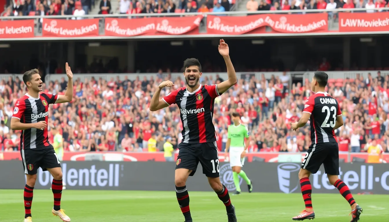 Kofane celebrates his stunning goal as Bayer Leverkusen takes a 31 lead against Hamburger SV during their Bundesliga match.