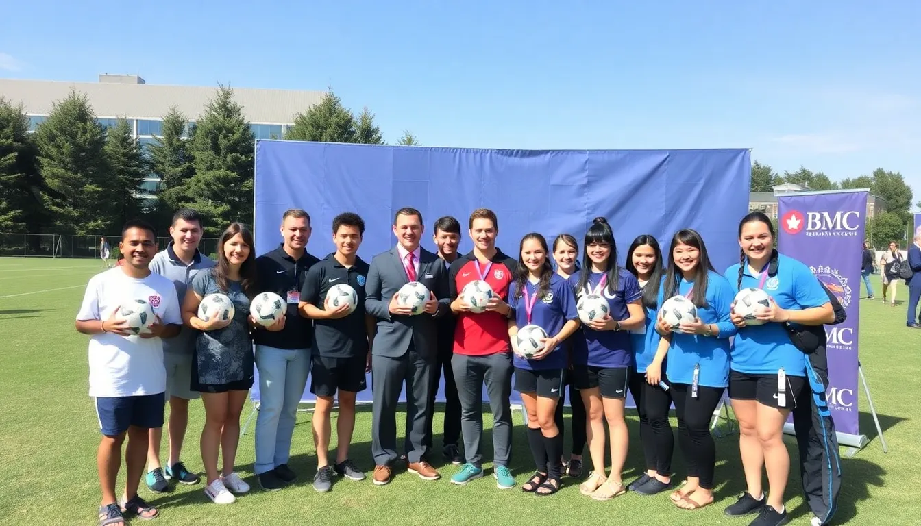Canada Soccer officials and BMO representatives shake hands during the announcement of their partnership at a press conference, surrounded by banners displaying both organizations' logos.